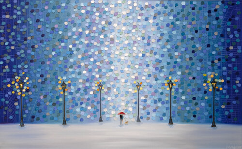 Whispers in the Rain Beneath the Glow by Ekaterina Ermilkina, Painting for Sale on Select