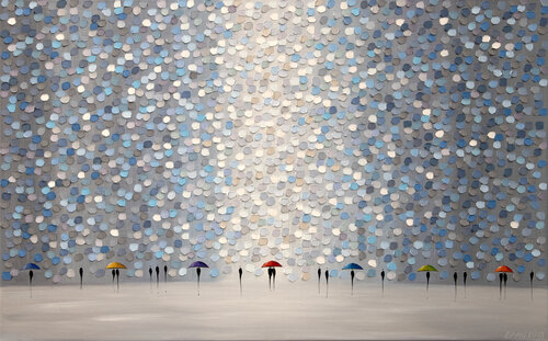 Silver Rain and The Colorful Umbrellas by Ekaterina Ermilkina, Painting for Sale on Select