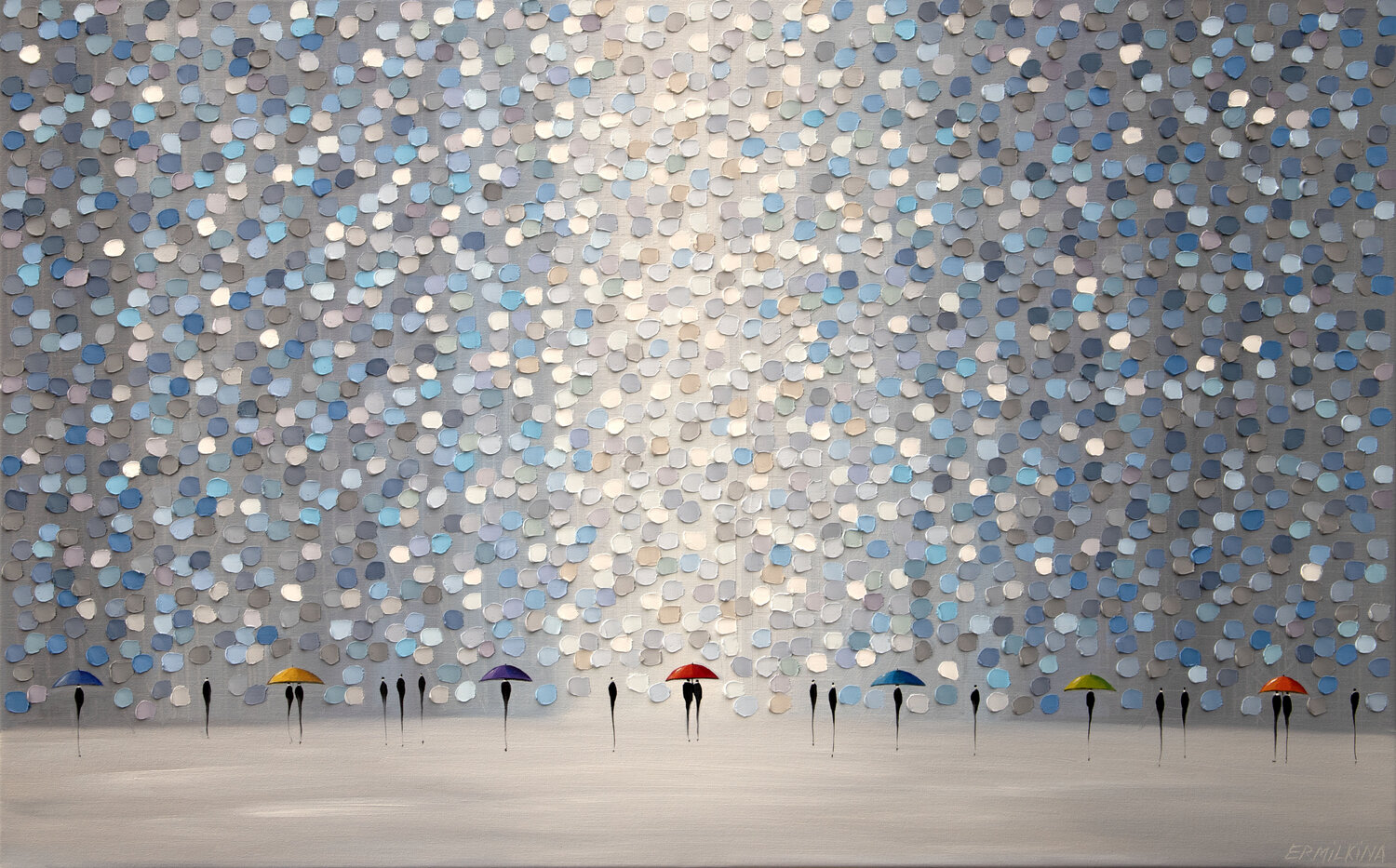 Silver Rain and The Colorful Umbrellas Ekaterina Ermilkina Original painting for sale