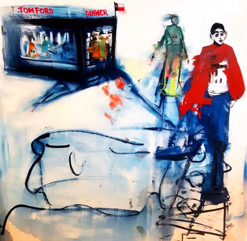 Cena de Tom. La noche que soñé que Tom Ford pintaba un cuadro. by Roberto Gutiérrez Currás, Painting for Sale on Select