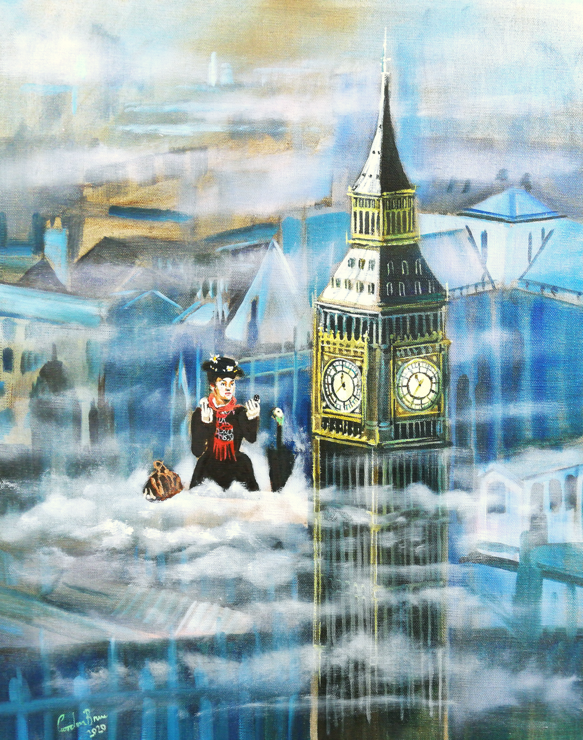 Mary Poppins in the clouds Gordon Bruce Original painting for sale