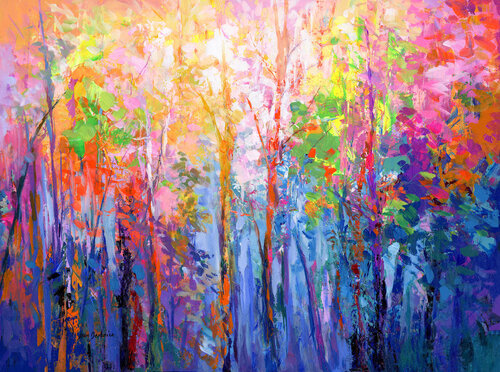 Abstract forest of colorful trees painting by Leon Devenice, Painting for Sale on Select