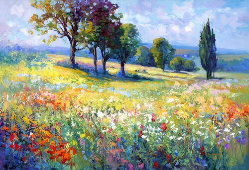 Wildflower field with trees in the summer countryside by Leon Devenice, Painting for Sale on Select