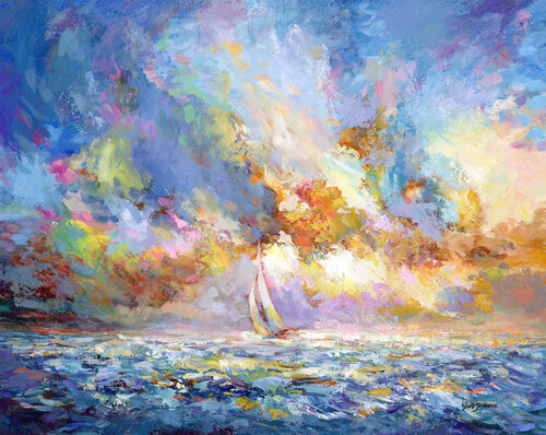 Seascape with sailboat under dramatic vibrant sky at sunset by Leon Devenice, Painting for Sale on Select