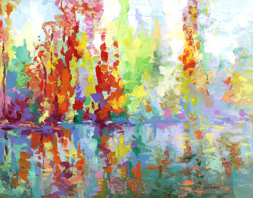 Colorful trees reflected on the lake by Leon Devenice, Painting for Sale on Select