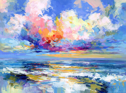 Vibrant Sunset Over Ocean Waves and Colorful Sky by Leon Devenice, Painting for Sale on Select