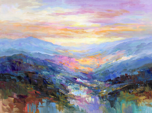 Mountains in a Serene Valley by Leon Devenice, Painting for Sale on Select