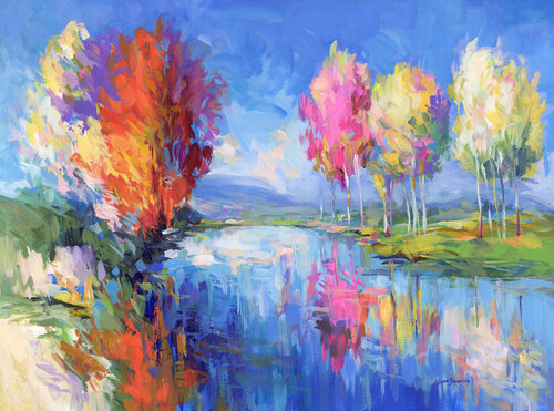 Spring Trees and Tranquil Lake Reflections by Leon Devenice, Painting for Sale on Select
