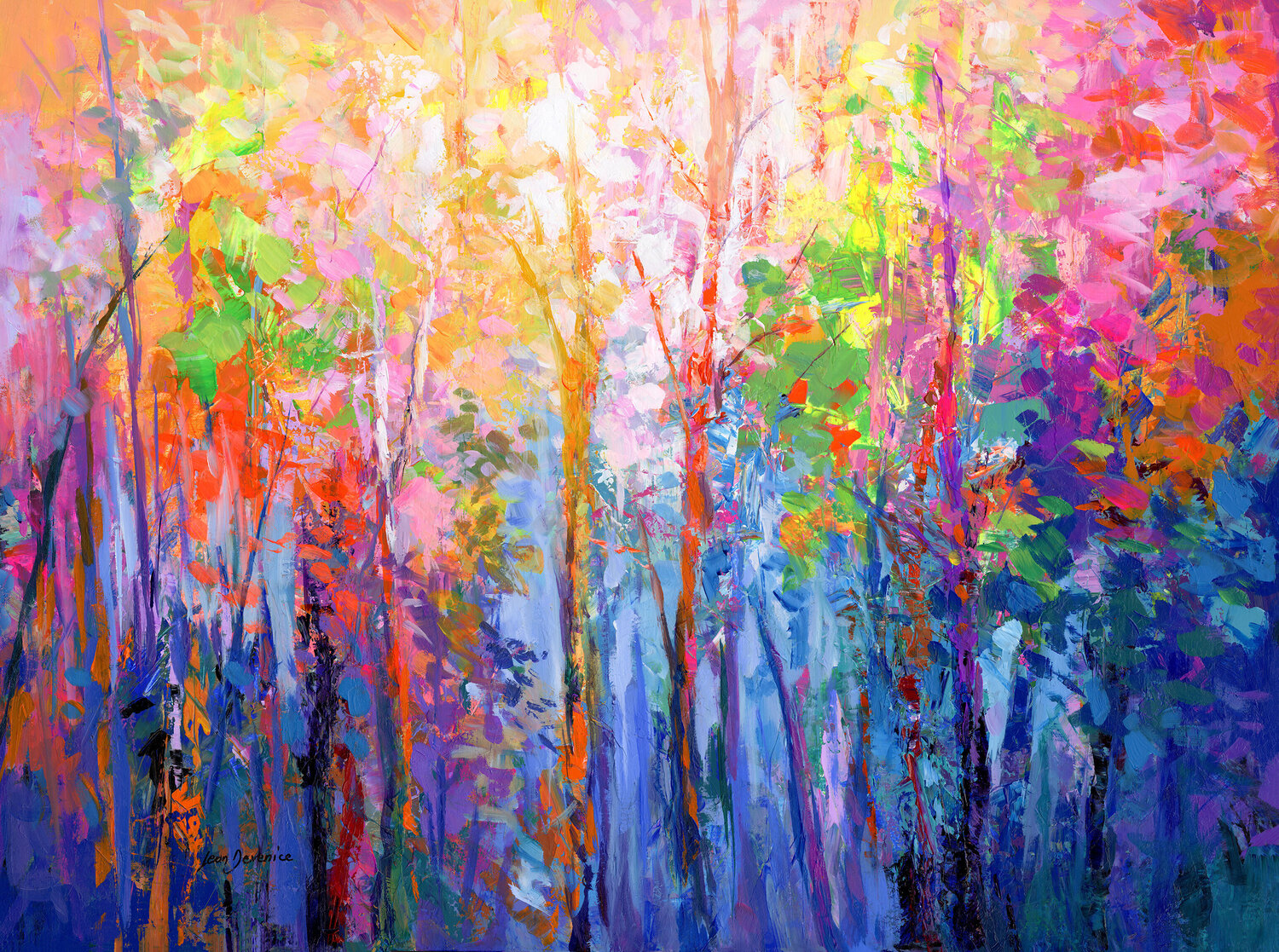 Abstract forest of colorful trees painting Leon Devenice Original painting for sale