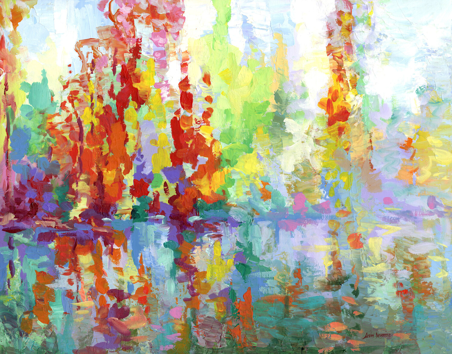 Colorful trees reflected on the lake Leon Devenice Original painting for sale