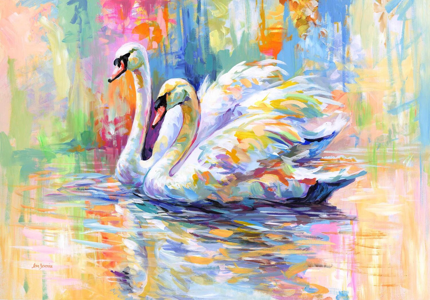 Colorful Swans on a Lake Leon Devenice Original painting for sale