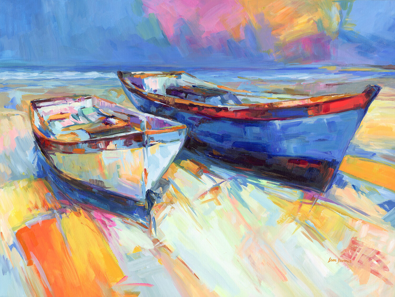 Boats by the shore Leon Devenice Original painting for sale