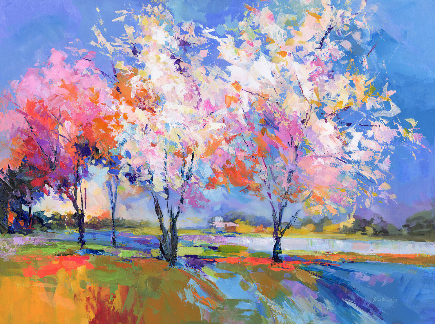 Blossoming Trees in a Spring Landscape Leon Devenice Original painting for sale