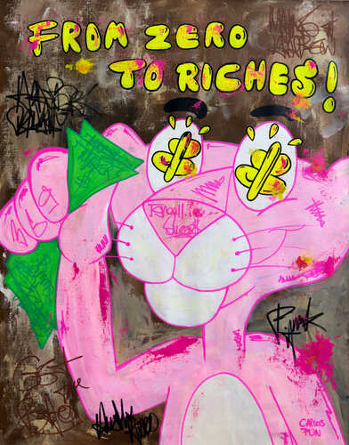 From Zero to riches ! feat pink Panther Dollar eyes Pose by Carlos Pun, Painting for Sale on Select