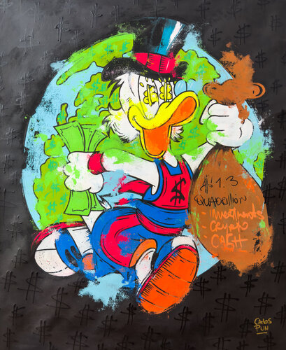 Cash flow marathon feat Scrooge mcduck with dollar eyes - Pop Art Painting by Carlos Pun, Painting for Sale on Select