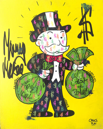 Money maker the classic ft. monopoly man over yellow by Carlos Pun, Painting for Sale on Select