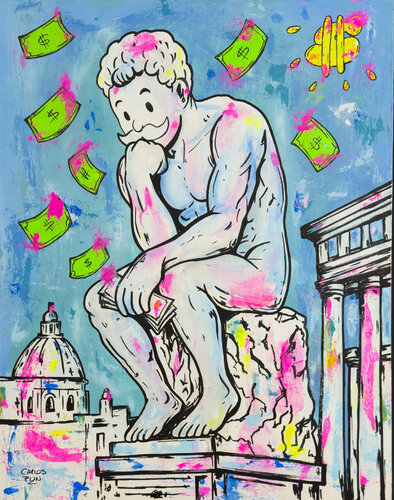 The thinker feat monopoly man by Carlos Pun, Painting for Sale on Select