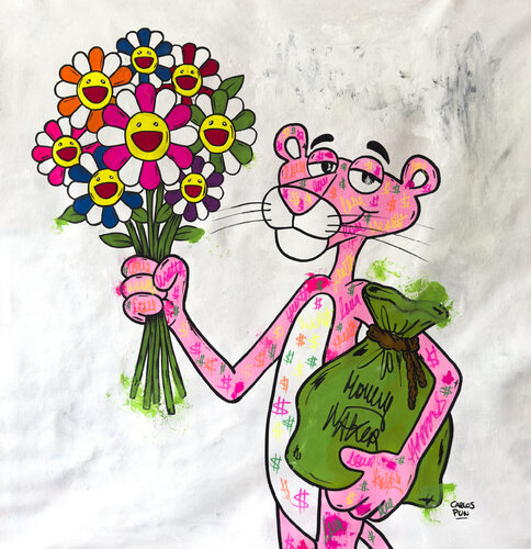 happy days with pink panther and murakami flowers by Carlos Pun, Painting for Sale on Select