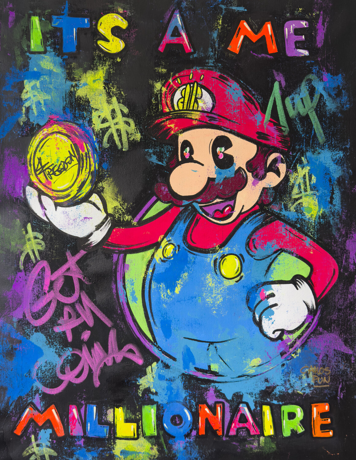 its a me a millionaire feat mario brothers in pop art style Carlos Pun Original painting for sale
