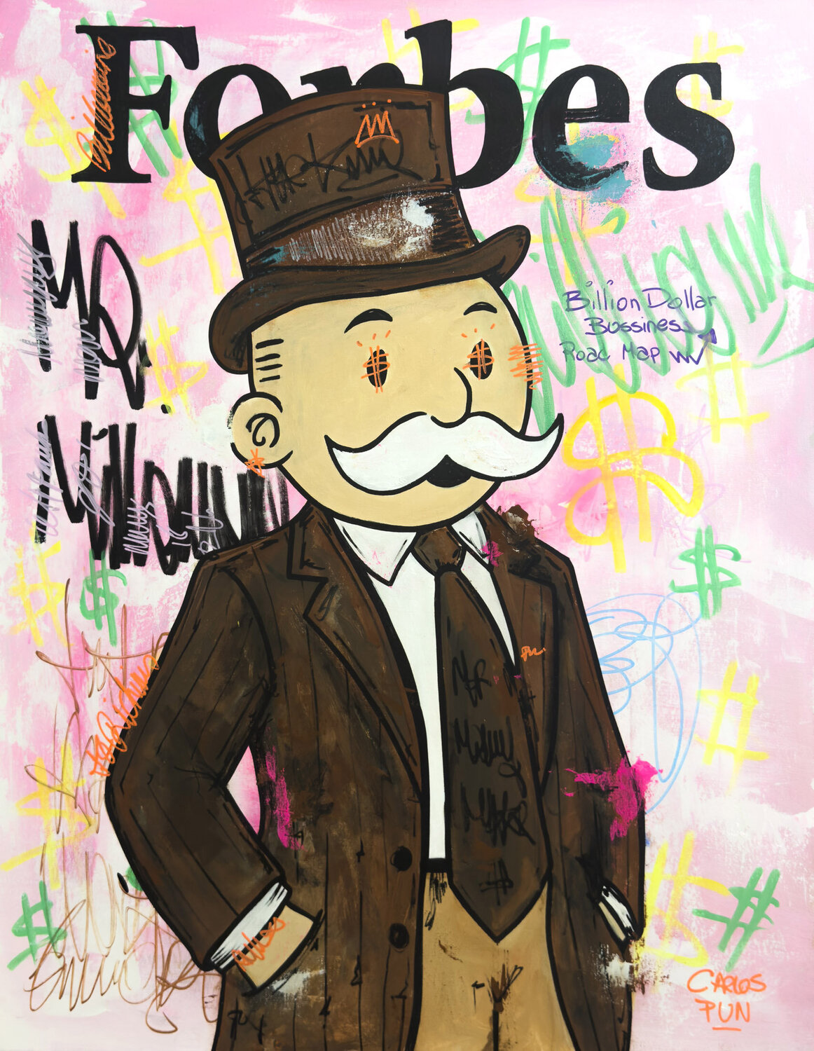 the billion dollar road map forbes magazine feat monopoly man Carlos Pun Original painting for sale