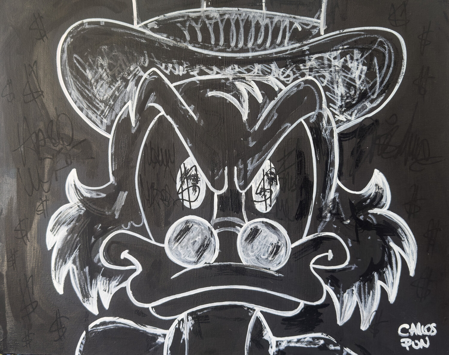 Sketching Screoog mcduck in white over mars and deep black Carlos Pun Original painting for sale