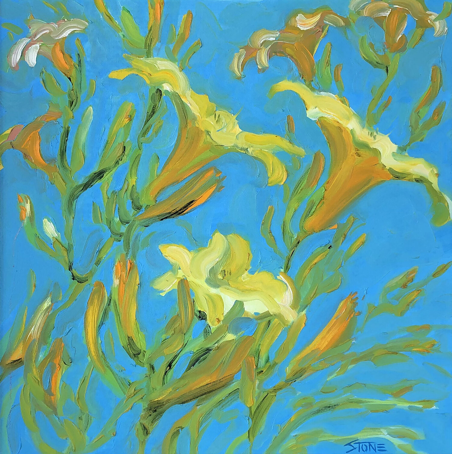 Lilies on Blue Bill Stone Original painting for sale