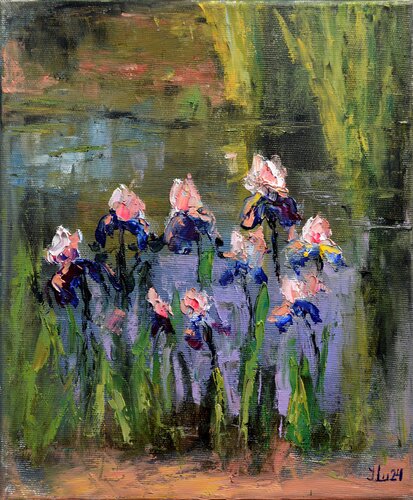 Irises on the pond by Elena Lukina, Painting for Sale on Select
