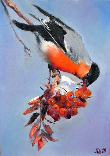 Christmas Bullfinch Breakfast by Elena Lukina, Painting for Sale on Select