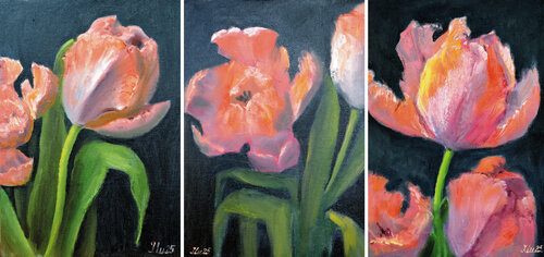 Coral Tulips Triptych by Elena Lukina, Painting for Sale on Select
