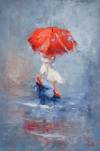 A girl running through puddles by Elena Lukina, Painting for Sale on Select