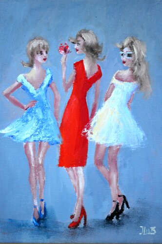 3 funny fashionistas.  Original impasto Miniature oil painting. by Elena Lukina, Painting for Sale on Select