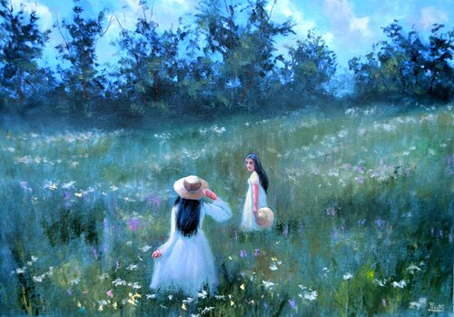Among the Wildflowers. Medium Landscape Oil Painting on Italian canvas. by Elena Lukina, Painting for Sale on Select