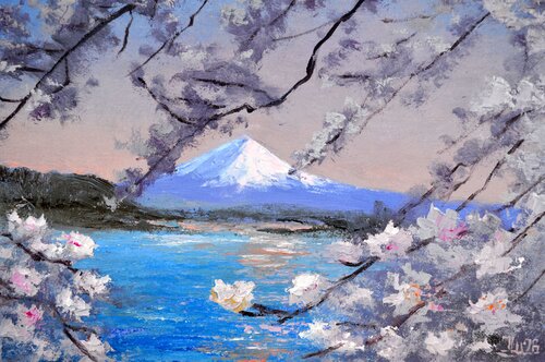 Mount Fuji and Cherry Blossoms at Lake Kawaguchiko by Elena Lukina, Painting for Sale on Select