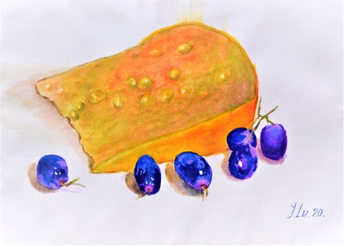 The Golden Selection: Cheese & Grapes by Elena Lukina, Painting for Sale on Select