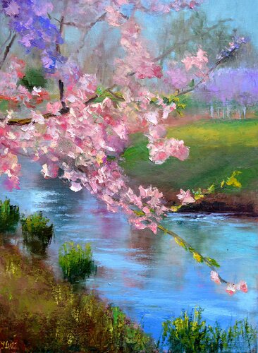Sakura in the city park by Elena Lukina, Painting for Sale on Select
