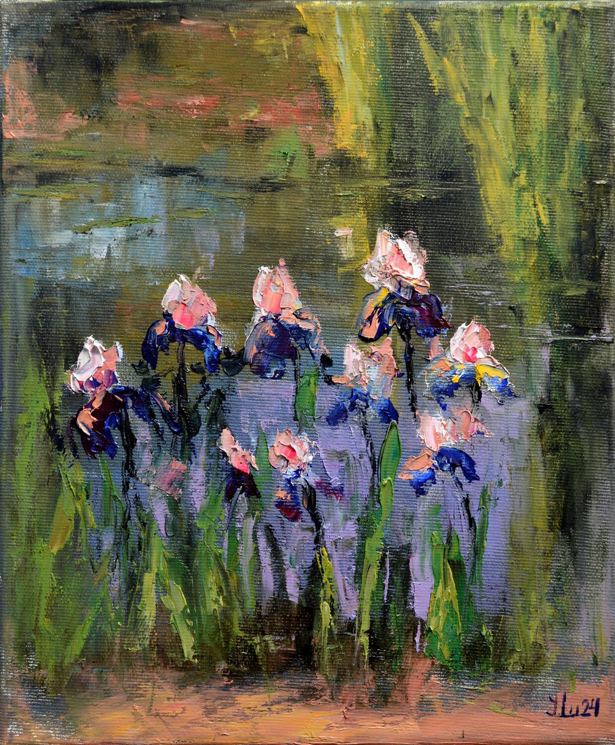 Irises on the pond Elena Lukina Original painting for sale