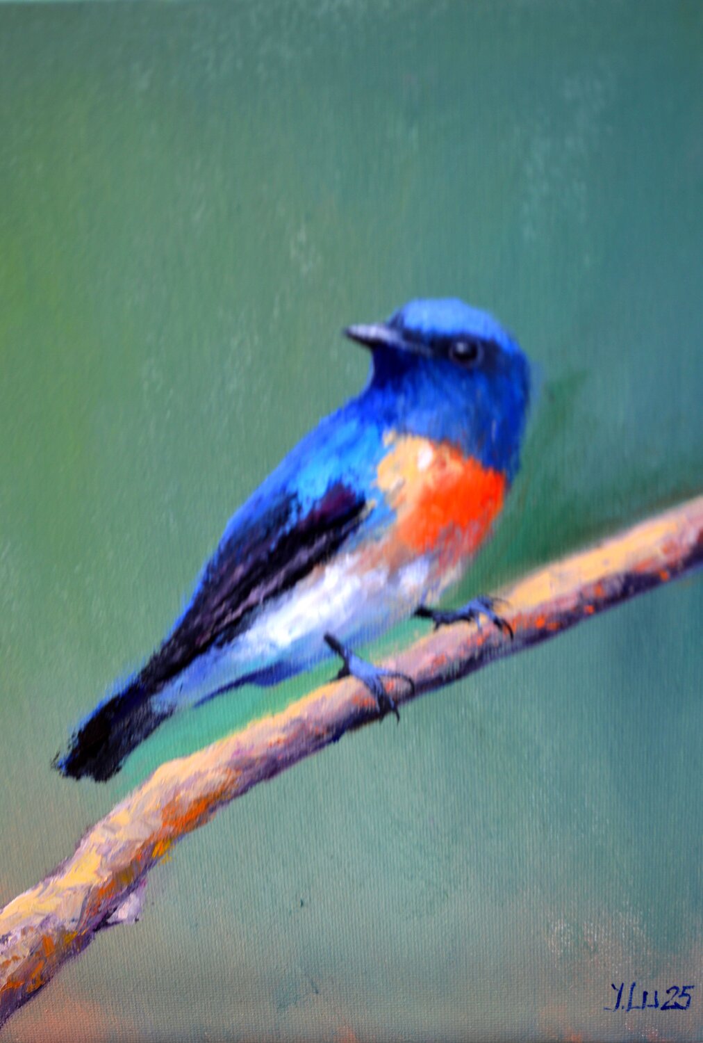 Bird on a branch (Cyornis rubeculoides) Elena Lukina Original painting for sale