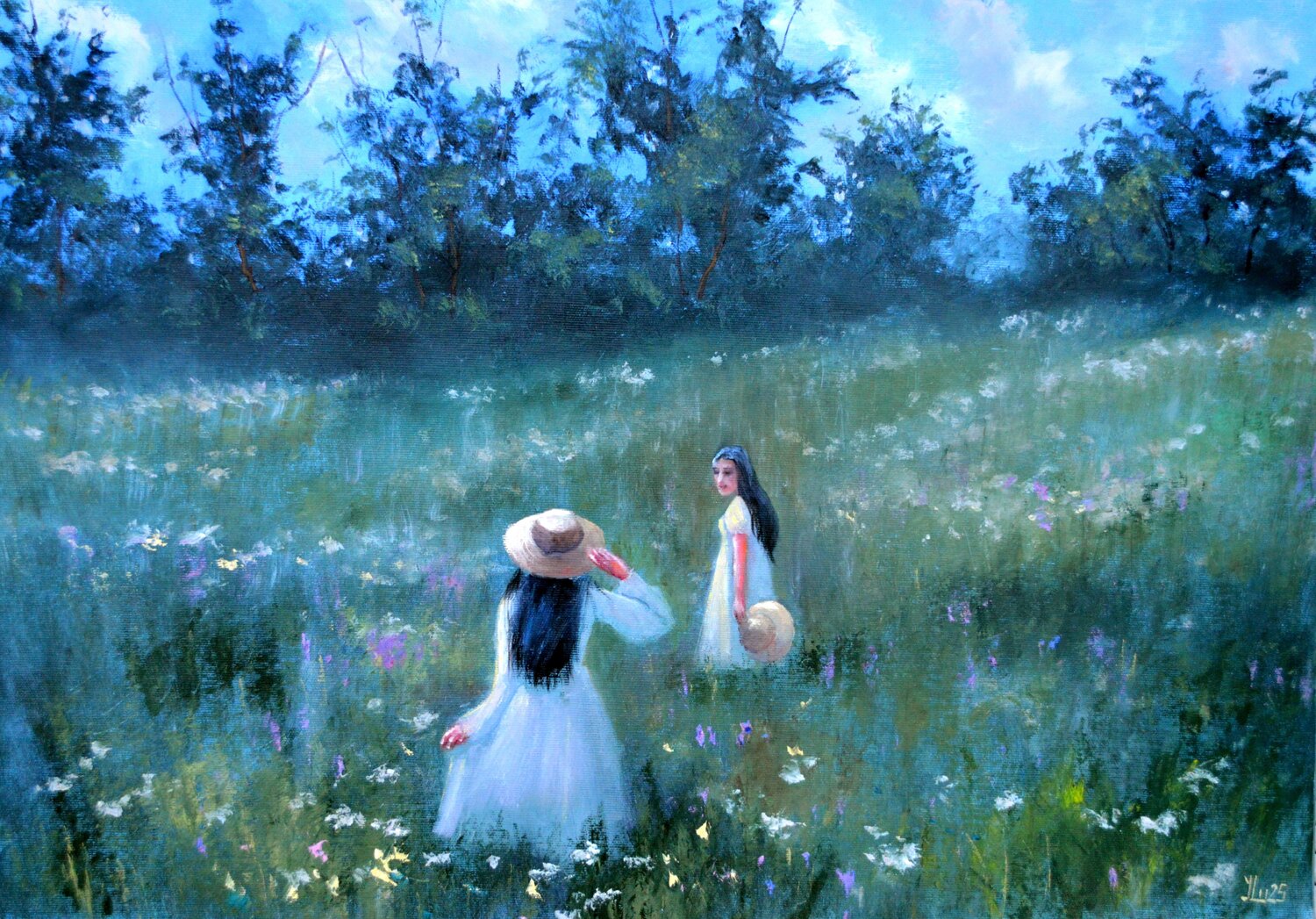 Among the Wildflowers. Medium Landscape Oil Painting on Italian canvas. Elena Lukina Original painting for sale