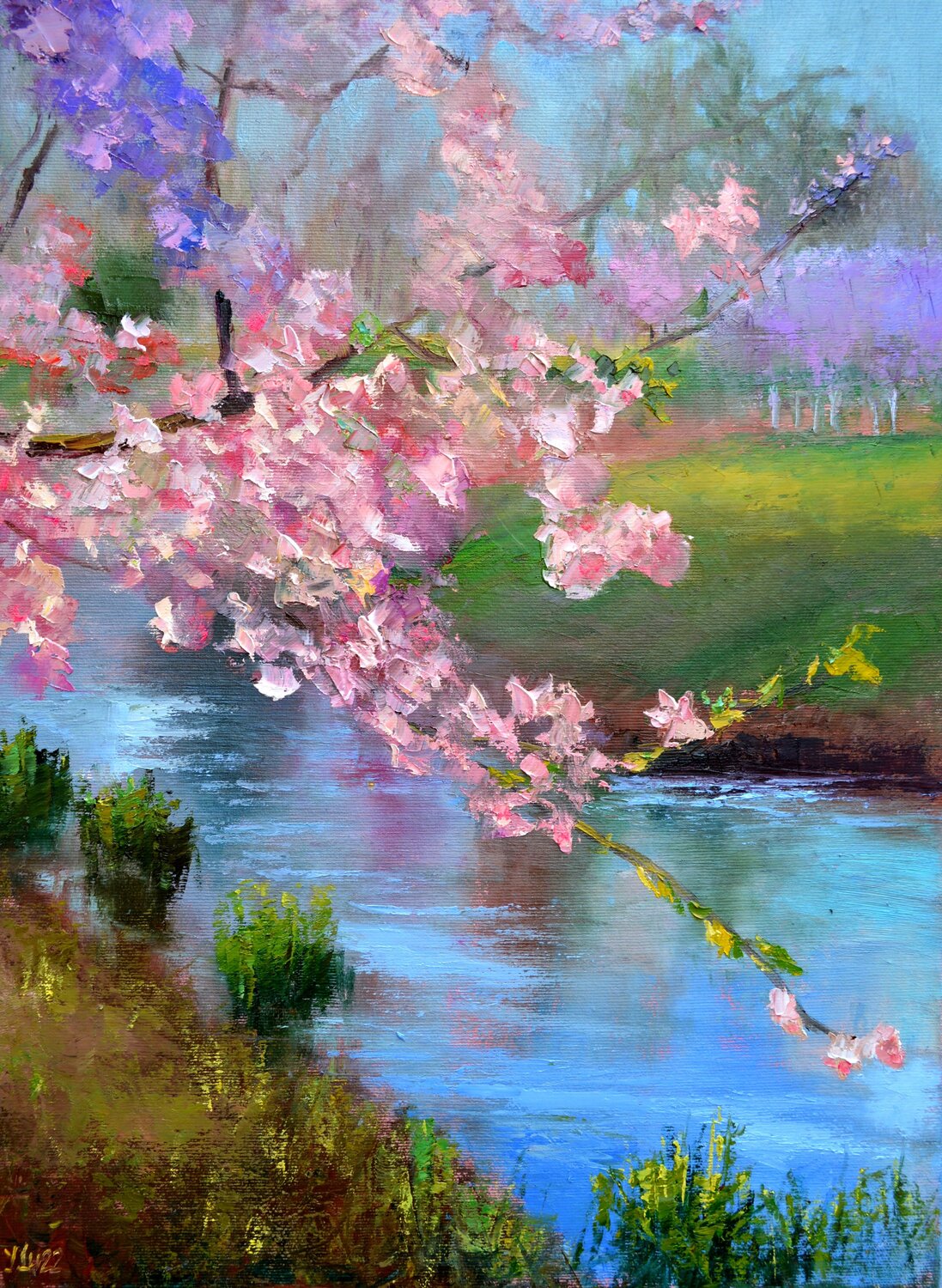 Sakura in the city park Elena Lukina Original painting for sale