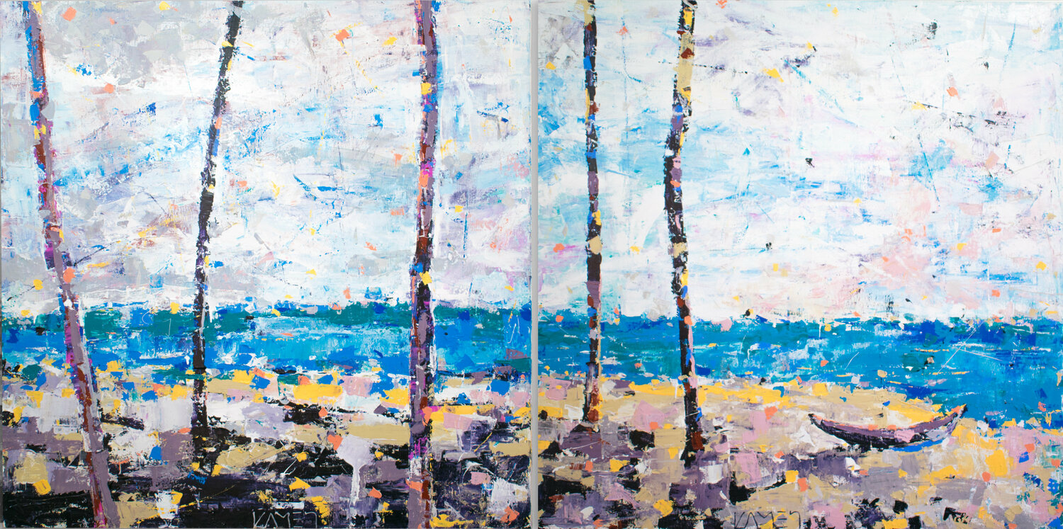 Boat, Beach, Ocean, Trees Kamen Trifonov Original painting for sale