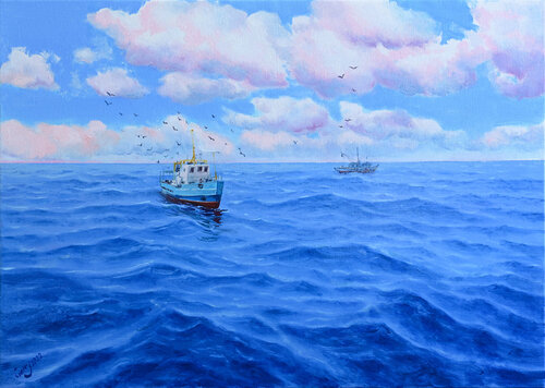 Fishing boats at sea by Garry Arzumanyan, Painting for Sale on Select