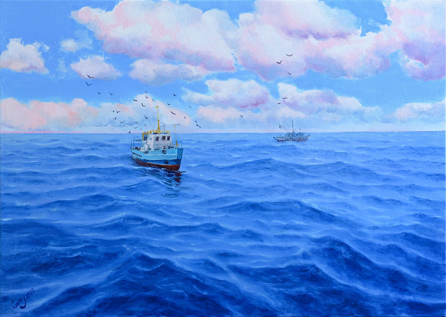 Fishing boats at sea Garry Arzumanyan Original painting for sale