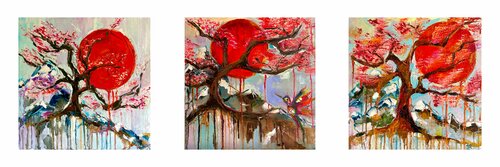 TRIPTYCH: Fairytales about Mount Fuji 150x50 cm by Lina Redford, Painting for Sale on Select