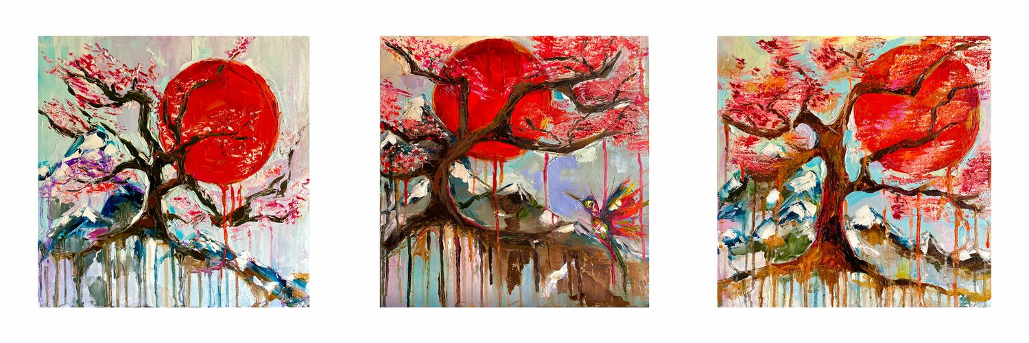 TRIPTYCH: Fairytales about Mount Fuji 150x50 cm Lina Redford Original painting for sale