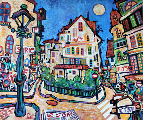 Moon, lantern and yesterday's newspaper. by Nicolai Ostapenco (N.Swiristuhi), Painting for Sale on Select