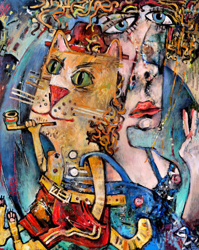 Girl and cat. Or the Peace Pipe. by Nicolai Ostapenco (N.Swiristuhi), Painting for Sale on Select