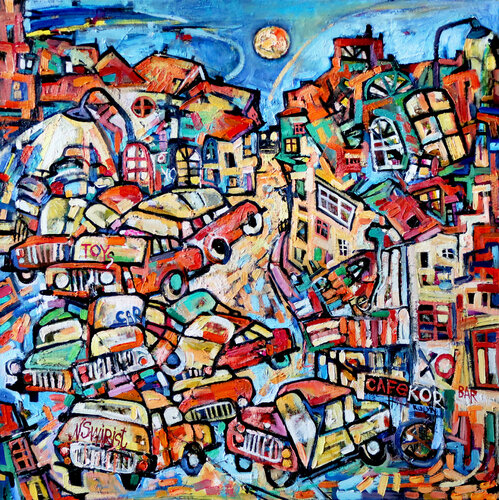 Night racing with toy cars. by Nicolai Ostapenco (N.Swiristuhi), Painting for Sale on Select