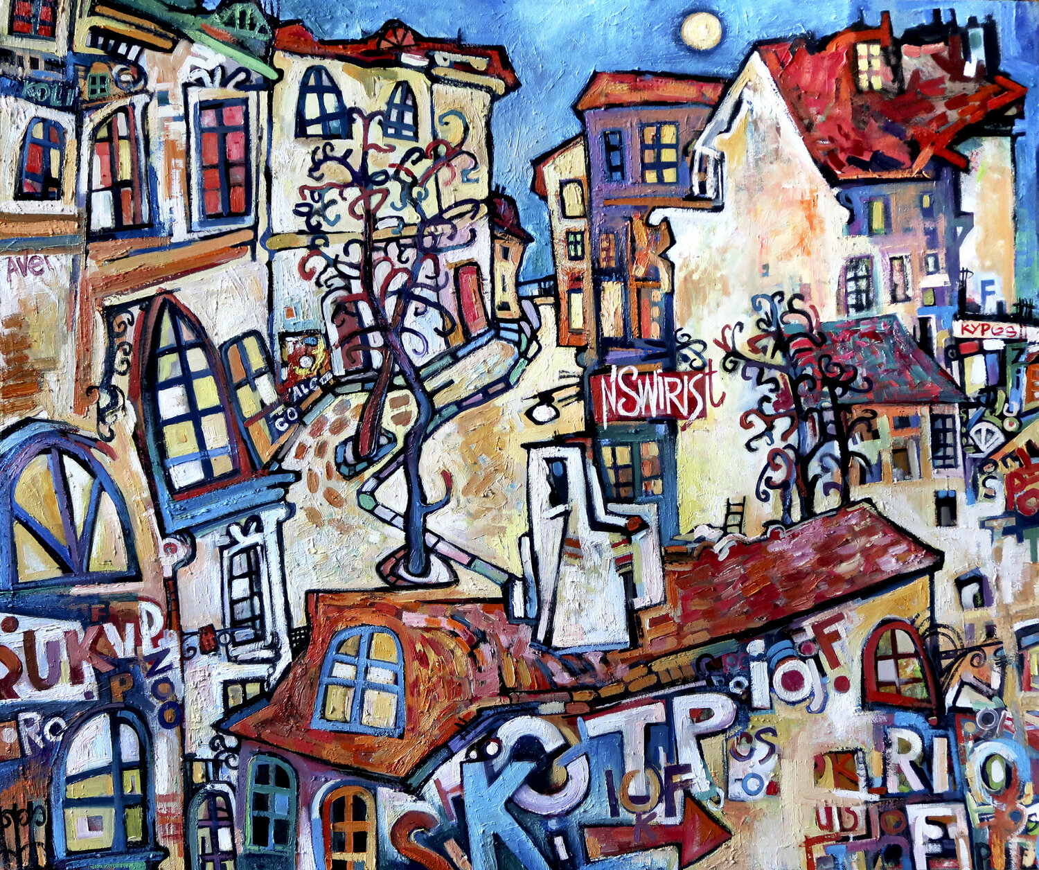 "Old city, moon and graffiti" Nicolai Ostapenco (N.Swiristuhi) Original painting for sale