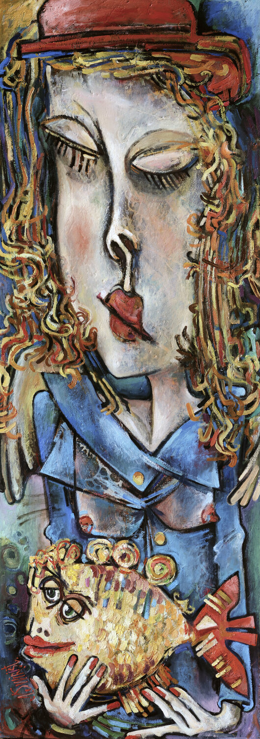 Girl, goldfish and three wishes. Nicolai Ostapenco (N.Swiristuhi) Original painting for sale