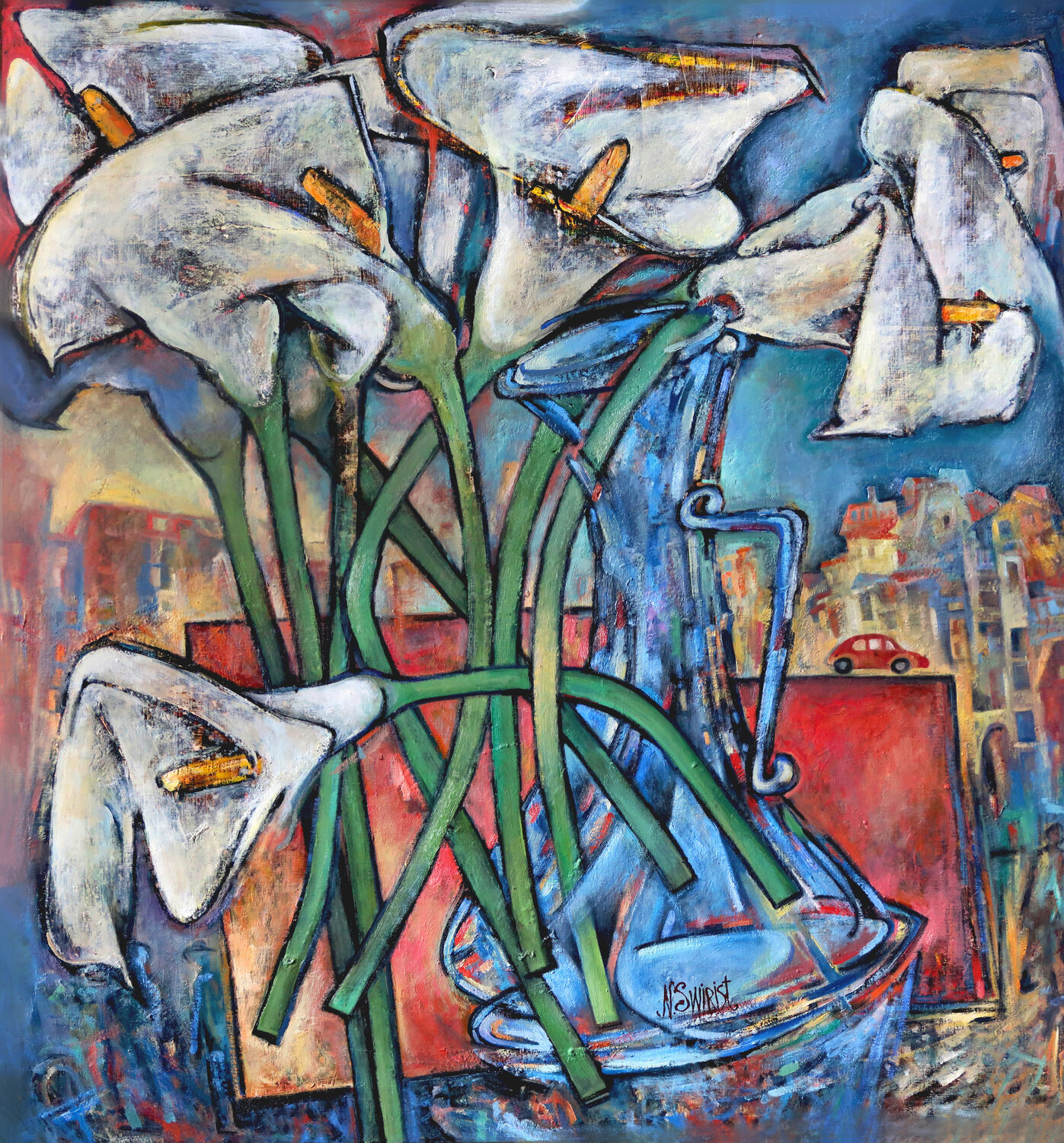 Night city, vase and calla flowers. Nicolai Ostapenco (N.Swiristuhi) Original painting for sale